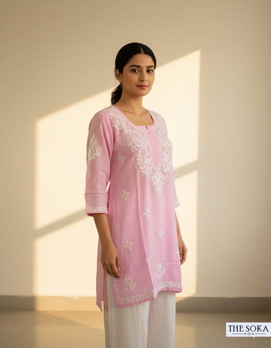 Woman wearing a pink embroidered chikankari kurti